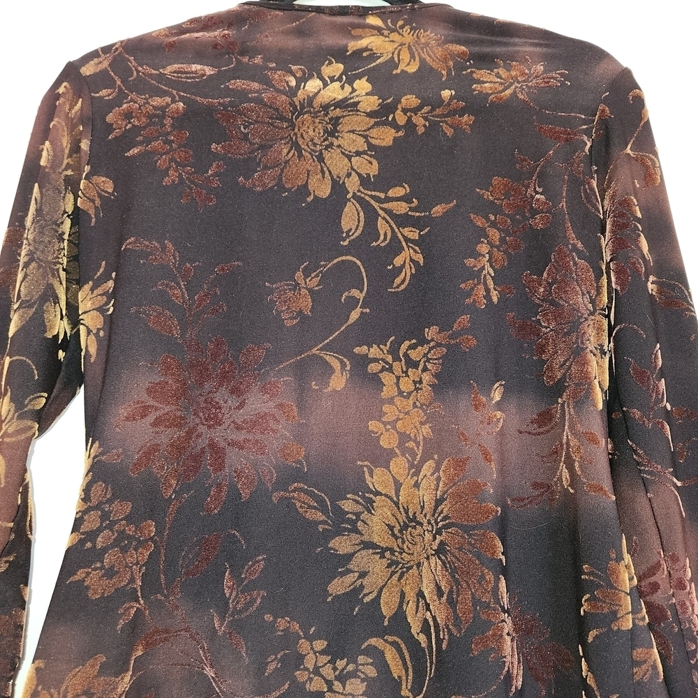 Vintage Velvet Burnout Browns & Gold Floral Long Sleeve V-Neck Top Size S/M Y2K - Picture 7 of 8